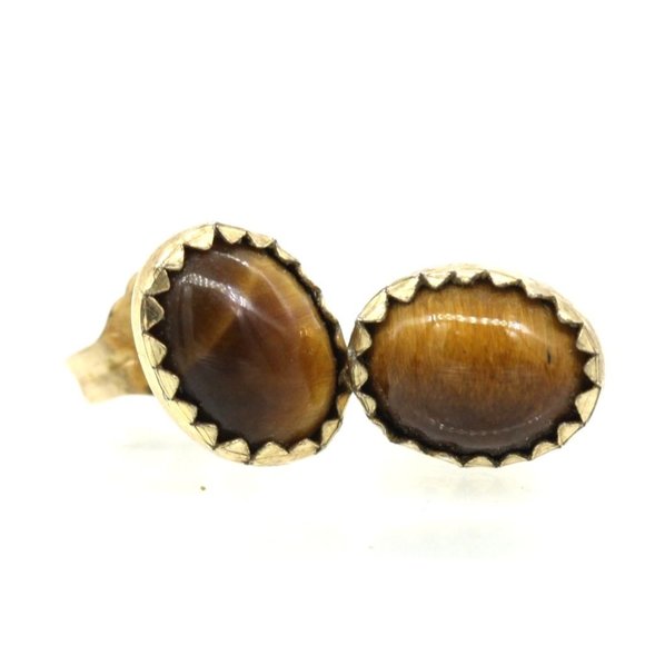 925 STERLING Southwest minimalist tigers eye gold filled EARRINGS vintage 9mm - Picture 3 of 8
